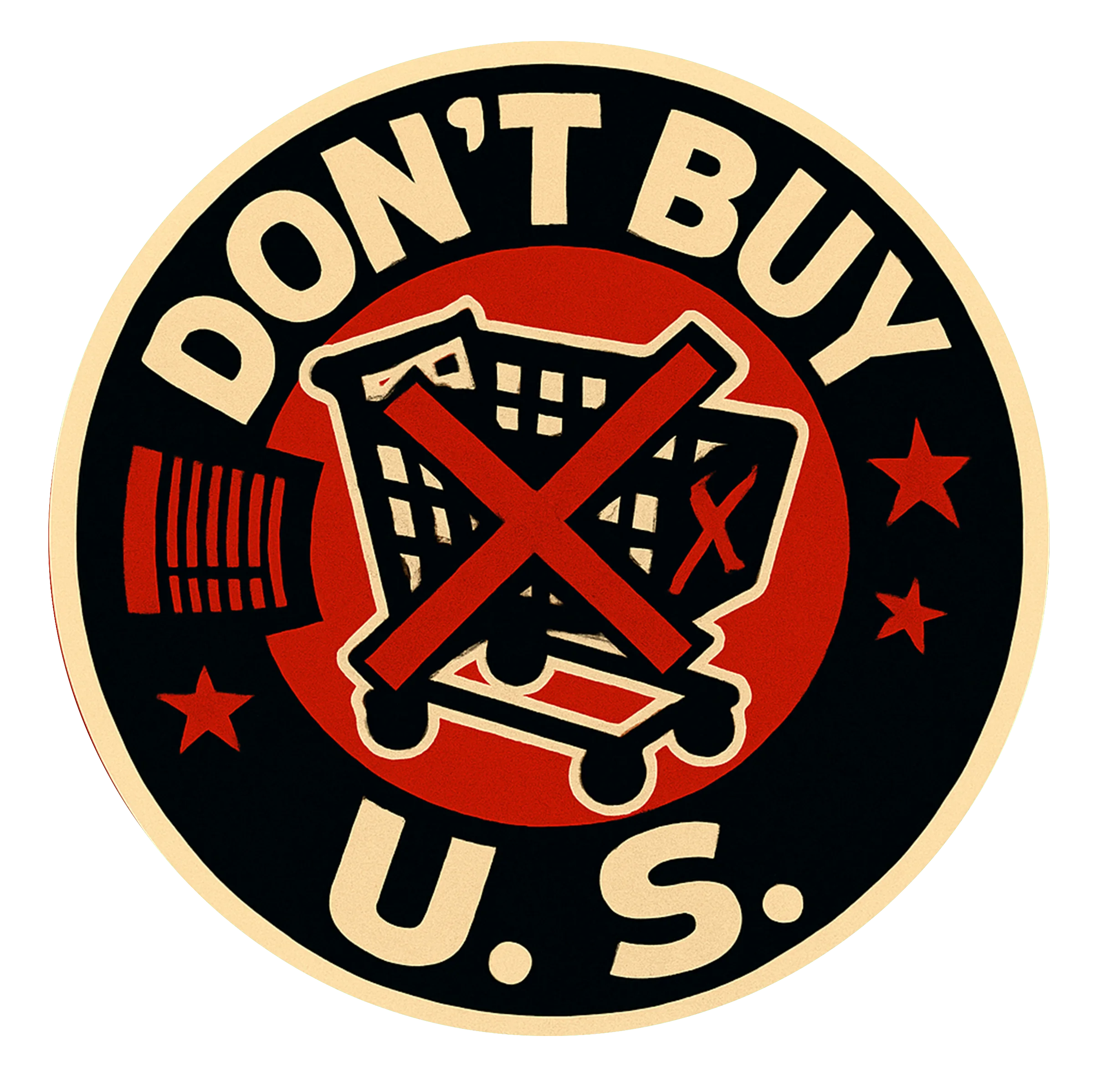 Don't Buy U.S. — runder Sticker mit durchgestrichenem Einkaufswagen und US-Flagge