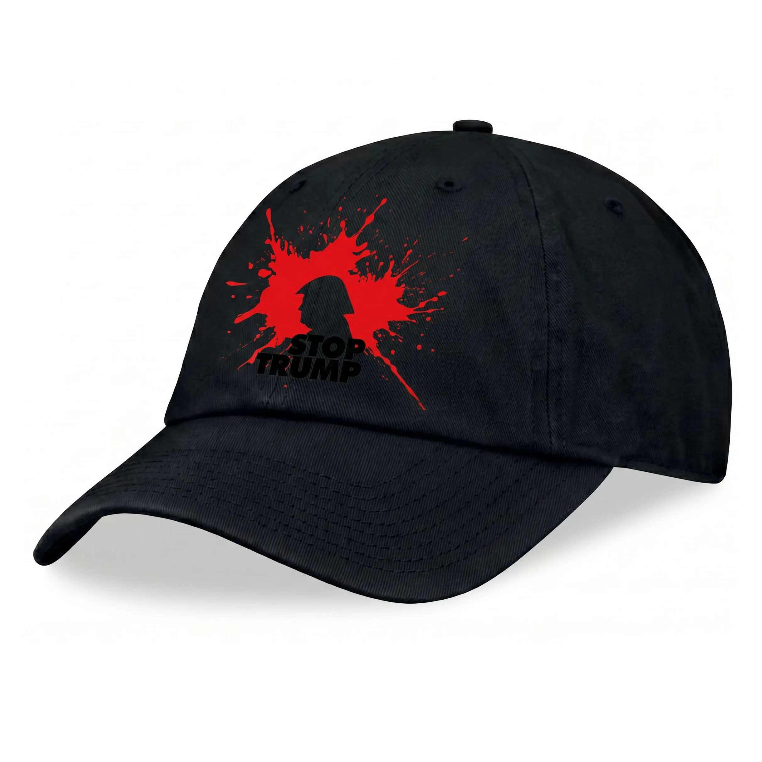 StopTrump Cap — schwarze Cap mit rotem Splash-Motiv und Schriftzug STOP TRUMP für jeden Tag